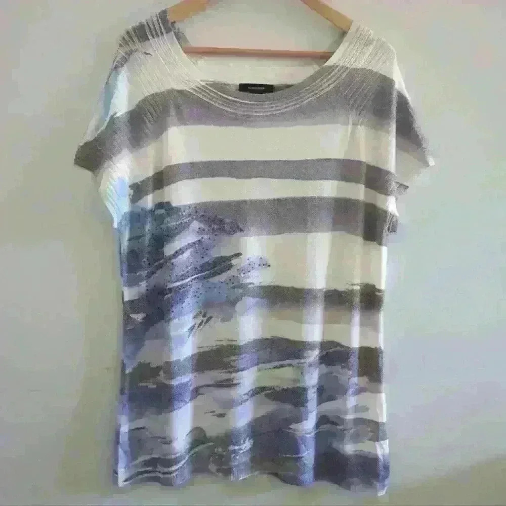 ALISON SHERI | Women's Watercolor Beach Scene Short Sleeved Knitted Top